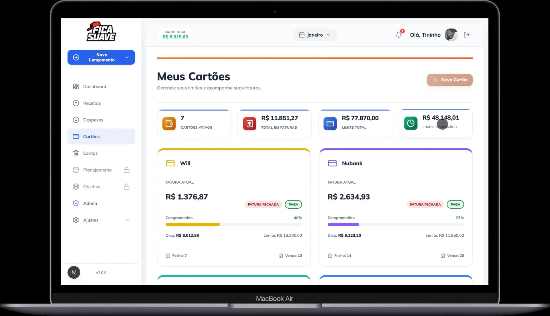 Gestão de Cartões de Crédito no FicaSuave - Faturas sob controle